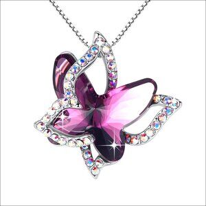 Sterling Silver Butterfly Crystal Pendant Necklace 18+2 Inch Chain